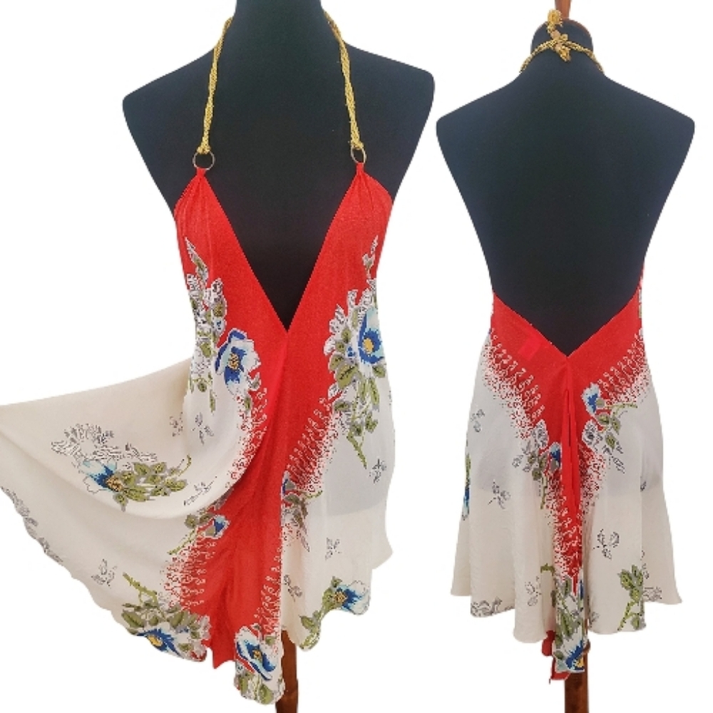 Kimchi Blue Red and Cream Backless Dress 100% Silk Halter Gold Tie Size S/M Boho